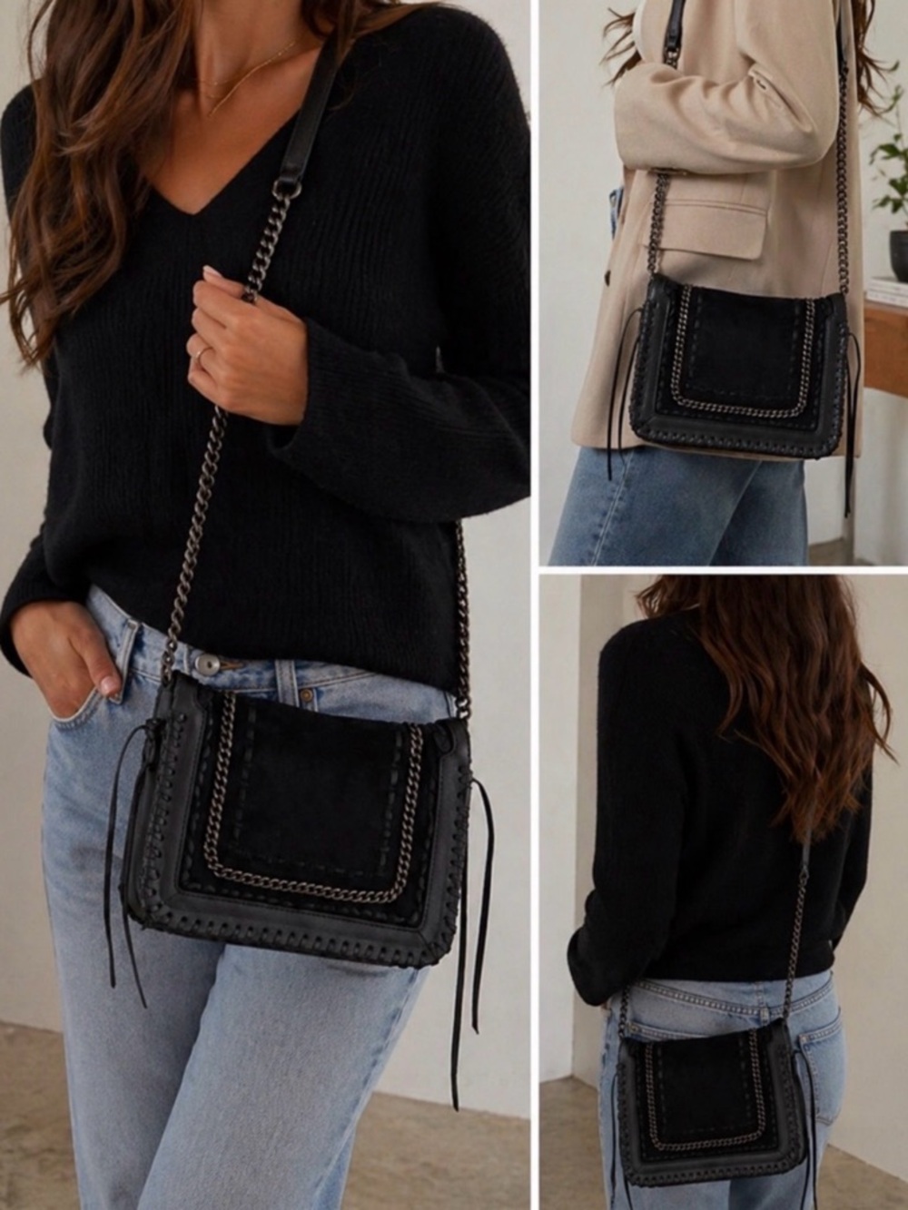 Zara Black Suede Leather Gunmetal Chain-Trim Crossbody Bag New with tags